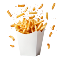 Delicious golden fries artfully bursting from a transparent paper box against a neutral background, French fries bursting out from transparent paper box png