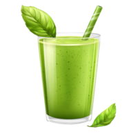 Delicious green smoothie in a clear glass with fresh basil leaves and a straw, perfect for a healthy snack, green smoothie, file of isolated object with shadow on transparent background png