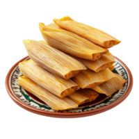 Delicious tamales stacked on a traditional Mexican plate, perfect for any meal, a stack of tamale on traditional mexican plate isolated on transparent background png