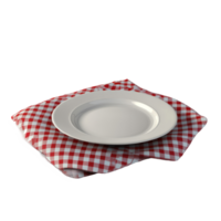 A simple transparent plate resting on a red and transparent checkered tablecloth on a transparent surface, plate on tablecloth on transparent backgroundfile png
