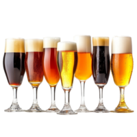 Various craft beer glasses in different colors and styles arranged on a transparent background for an appealing presentation of unique brews, Craft Beer Glasses On transparent background png