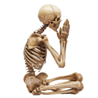A skeleton in a praying position isolated on a transparent background, highlighting a meditative pose of reflection, Skeleton prayer isolated on transparent background. Skeletal human praying to lord png