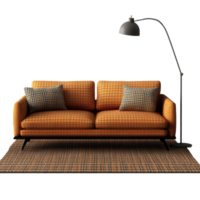 Midcentury sofa with decorative pillows and a stylish floor lamp in a cozy living room setting, Midcentury sofa with pillow rug and floor lamp, transparent background png