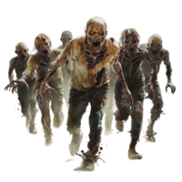 A group of terrifying zombies in tattered clothing advancing against a stark transparent background in a haunting setting, Scary zombies on transparent background png