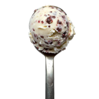 An inviting scoop of creamy ice cream with chocolate flakes on a silver spoon against a clean transparent background, ice cream scoop on transparent backgroundfile png