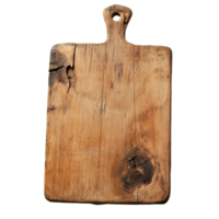 Isolated rustic wooden cutting board with a weathered surface and a unique grain pattern on a plain background, Isolated old dark wooden cutting board png
