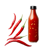 Fresh red chili peppers with hot sauce bottle arranged on a light background for culinary use and recipes, Red chili pepper with hot sauce png