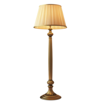 A stylish floor torchiere lamp features a decorative golden base and a softly pleated beige shade, floor torchiere lamp isolated on transparent background png