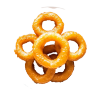 Delicious golden onion rings arranged neatly on a transparent plate against a bright backdrop, onion rings on a plate on transparent background png