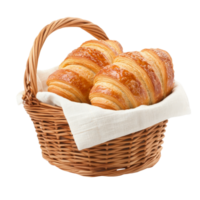 Freshly baked croissants resting in a basket lined with cloth on a bright transparent background for a delightful breakfast experience, Croissant in basket on transparent background png