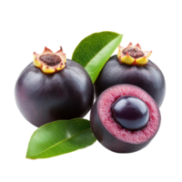 Fresh ripe mangosteens with green leaves showcasing their unique color and texture on a clean background, Fresh ripe mangosteens Garcinia mangostana or manggis with leaf on transparent background png