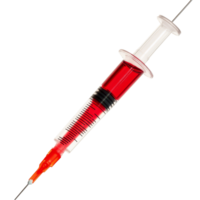 A red liquidfilled syringe on a clean transparent background, emphasizing medical and lab applications, plastic syringe with red liquid isolated on transparent background png