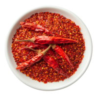 Cayenne pepper flakes and dried pods on a plate isolated with a clean transparent background for culinary use, Cayenne pepper in a plate isolated on transparent background png