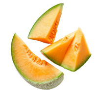 Fresh slices of cantaloupe melon arranged on a clean transparent background for a vibrant and appetizing presentation, cantaloupe melon slices on transparent background png