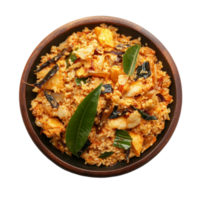 Top view of Chithirai Kani plate featuring flavorful rice mixed with spices and herbs on a transparent background, Chithirai Kani plate top view isolated on transparent background png