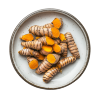 Fresh turmeric roots sliced and arranged on a simple transparent plate, showcasing their vibrant color and texture, turmeric in plate on transparent background png