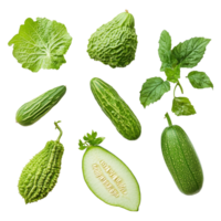 A variety of green vegetables such as balsam pear and bitter cucumber are arranged neatly, balsam apple, balsam pear, bitter cucumber, bitter gourd, bitter melon on transparent background png