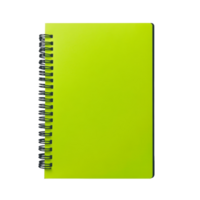 A closed neon green spiral notebook resting on a flat surface, showcasing its vibrant cover, perfect for notes and sketches, Closed paper notebook with neon green coverspiral binding png