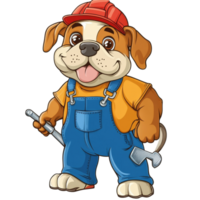 Cartoon bulldog character in worker attire with a wrench showcasing a cheerful expression on a transparent background, Cartoon Bulldog Worker with Wrench on transparent background Labor Day png
