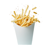 French fries overflowing from a transparent paper box against a light blue background in a bright setting, French fries bursting out from transparent paper box png