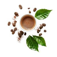 A cup of instant coffee surrounded by coffee beans and fresh green leaves on a transparent background, instant coffee and leaves on transparent background png