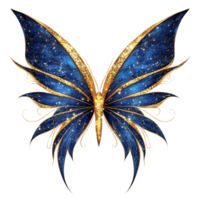 Elegant blue and gold fairy wings with a sparkling design, perfect for whimsical adventures, Blue and Gold Fairy Wings with Sparkling Design, Isolated on transparent background png