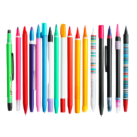 Colorful collection of pens and markers arranged neatly on a light surface for creative arts and crafts projects, colorful pens and markers laid out side by sideisolated on transparent background png