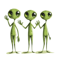 Friendly alien characters waving joyfully against a clean transparent background in a whimsical design, Alien Characters Waving on transparent background png