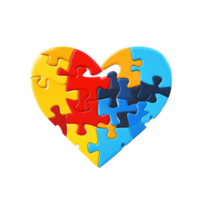 Colorful puzzle piece heart symbolizing autism awareness and acceptance for community support and love, multi colored puzzle piece heart shape autism symbol flat transparent background png
