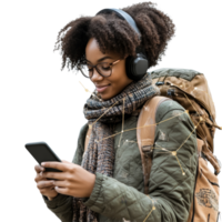 A joyful traveler connects with friends while exploring new destinations in a cozy, outdoor setting, file no background Traveling woman connecting with her smartphone png