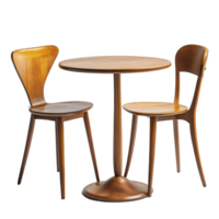 Stylish round wooden table and two matching chairs set against a clean transparent background for modern interiors, Wood table and chair on transparent background. wooden table with chair transparent png