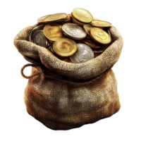 Burlap sack overflowing with gold and silver coins representing wealth and prosperity in a bright setting, Burlap sack full with gold and silver coins Stock Illustration png