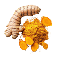 Organic turmeric root and powdered spice displayed together on a clean transparent background for culinary purposes, Organic turmeric on a transparent background png