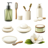A day spa collection featuring natural beauty products and tools for relaxation and skincare routines, day spa set, file of isolated object with shadow on transparent background png