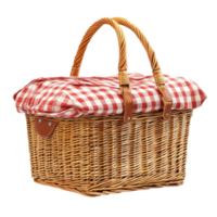 A classic wicker picnic basket with a red and transparent checked blanket ready for outdoor dining on a sunny day, Picnic basket isolated on transparent background png