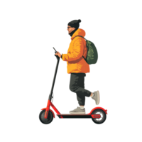 Tourist enjoying a ride on an electric scooter while using a smartphone in a lively urban area during the day, Tourist riding an electric scooter and smartphone png