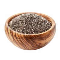 Chia seeds in a wooden bowl on a transparent background highlighting their natural and nutritious qualities for health enthusiasts, Chia seeds in wooden bowl isolated on transparent background png