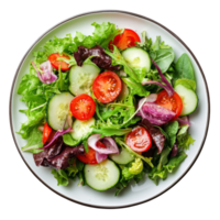 Fresh garden salad with cucumbers, tomatoes, and leafy greens on a transparent background, of plate of salad top view isolated on solid transparent background png