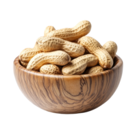 Fresh peanuts in a natural wood bowl, isolated against a transparent background for a clean presentation, peanuts in wood bowl isolated on transparent background png