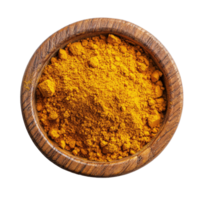 Turmeric powder in a wooden bowl against a clean transparent background showcasing vibrant color and texture, turmeric powder in wood bowl on transparent background png