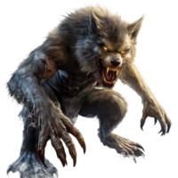 A terrifying werewolf creature depicted as a fearsome beast with glowing eyes on a transparent background, scary werewolf, file of isolated object on transparent background png