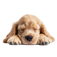 Happy English Cocker Spaniel puppy peacefully sleeping on a soft surface, capturing warmth and tranquility in the moment, Happy English Cocker Spaniel Puppy Dog sleeping Isolated On transparent png