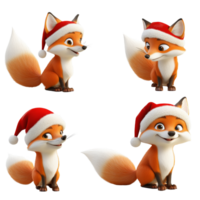 Cute cartoon foxes wearing Santa hats on a transparent background ready for the holiday season, 3D Cartoon Fox Set in Santa Hats on transparent background png