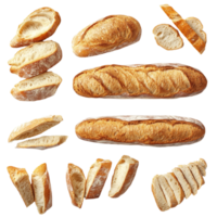 Different angles of freshly sliced baguette with crusty texture on a clean transparent background, Different angle of sliced baguette isolated png
