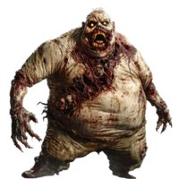 A terrifying fat zombie stands menacingly against a stark transparent background, embodying horror and dread in its appearance, Fat scary zombie on transparent background png