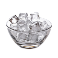 A clear glass bowl filled with ice cubes isolated on a bright transparent background for refreshing beverages or cocktails, ice cubes in the bowl on transparent background png