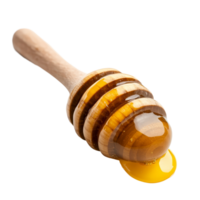 Natural honey dripping from a wooden dipper resting on a clean transparent background, perfect for culinary uses, Honey with wooden honey dipper on transparent background png