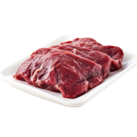 Raw pulp fat tail meat displayed on a transparent tray, ready for preparation in a kitchen setting, Isolated raw pulp fat tail meat png