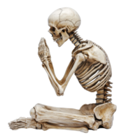 Skeleton praying in a seated position against a clean transparent background, Skeleton prayer isolated on transparent background. Skeletal human praying to lord png