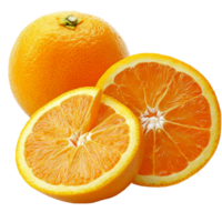 Fresh oranges displayed on a transparent background showcasing whole fruit alongside a sliced orange half, oranges isolated on transparent background png